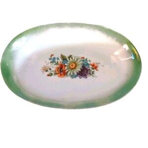 Antique G.H.O. Bavaria Lusterware Oval Dish Floral Center Green Iridescent Rim